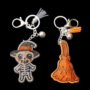 Halloween Rhinestone Bag Charms & Keychains – Skeleton & Witch Broom Set